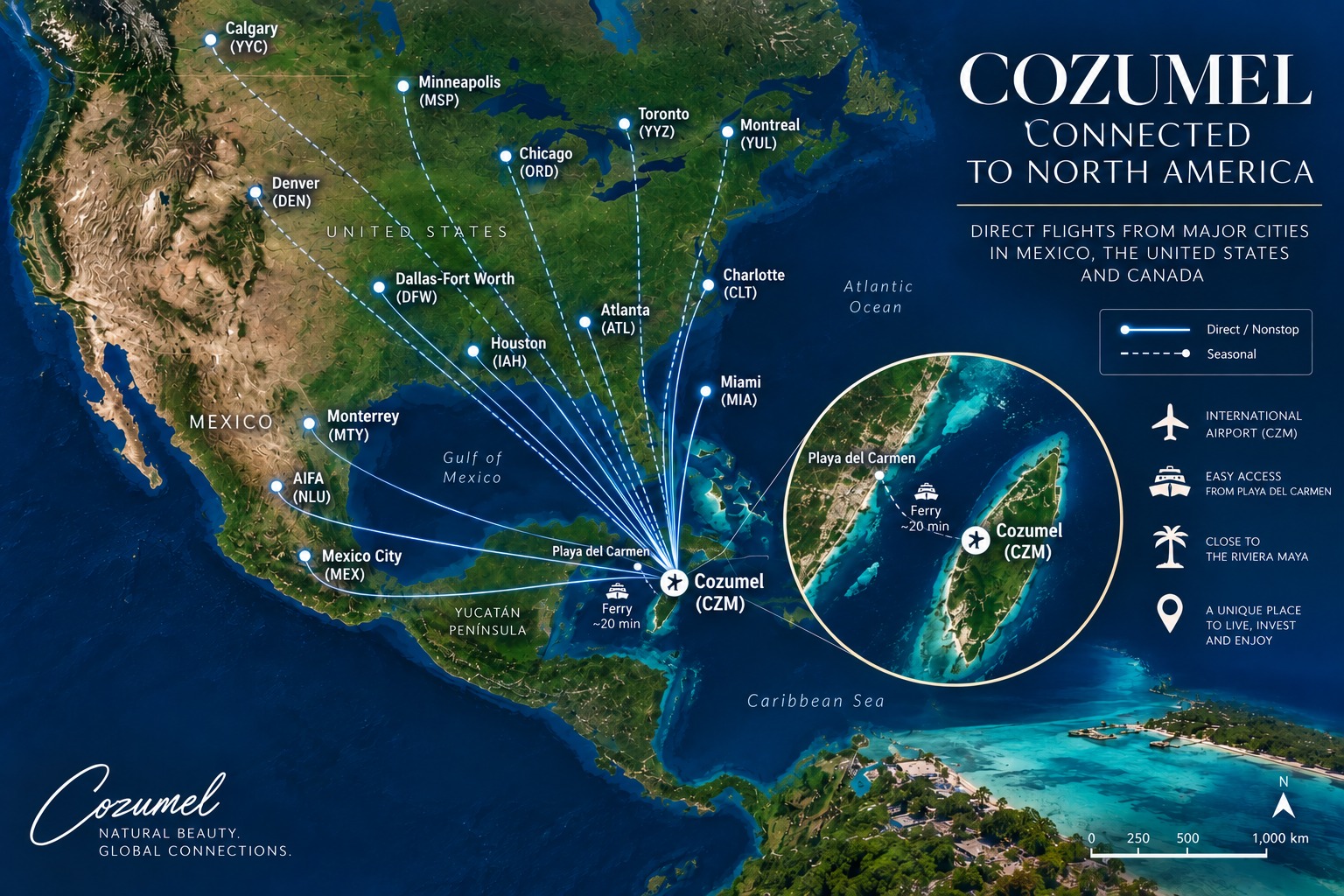 Mapa de conectividad aérea y marítima de Cozumel