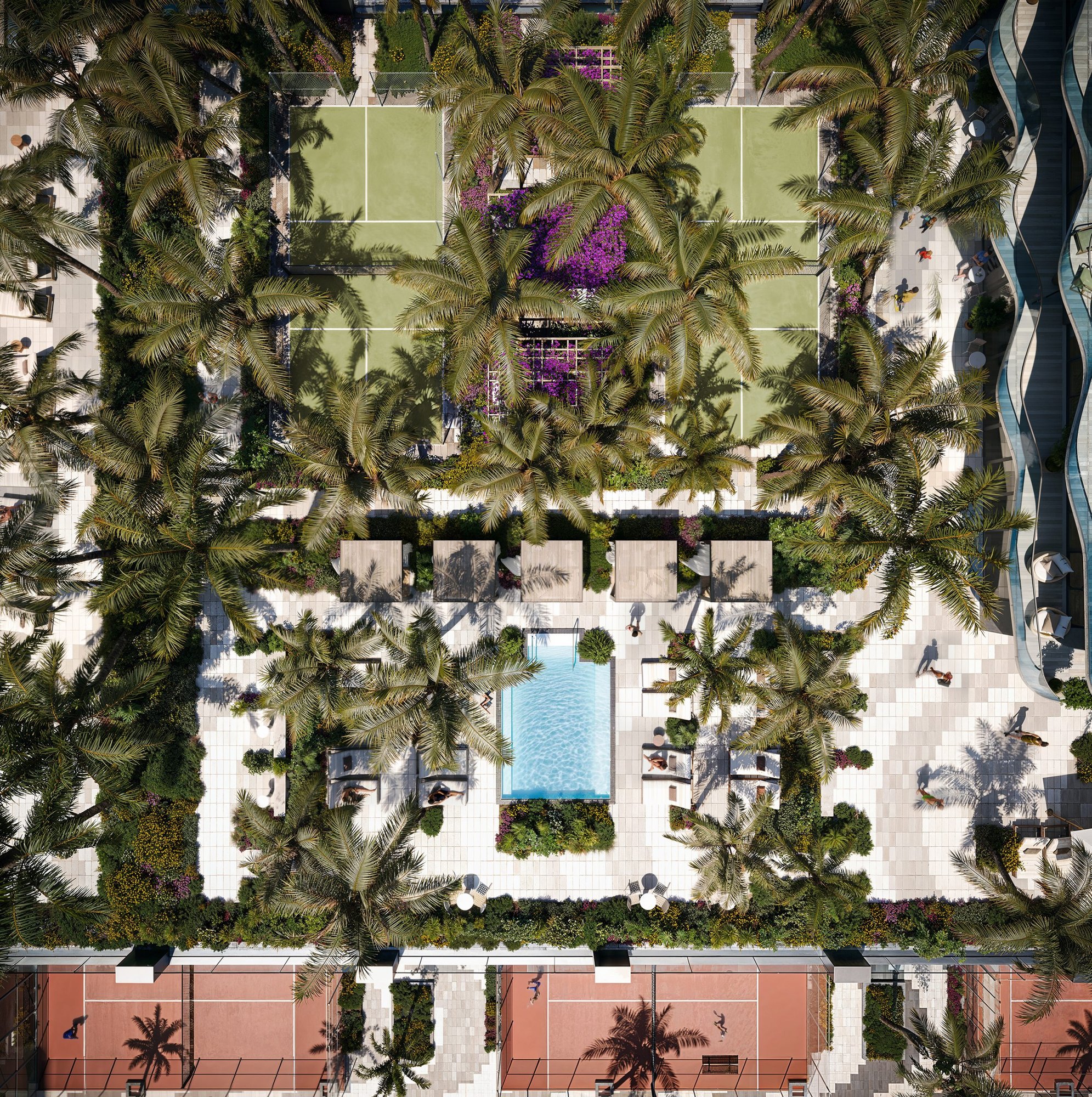 Aerial view of pool and pickleball courts