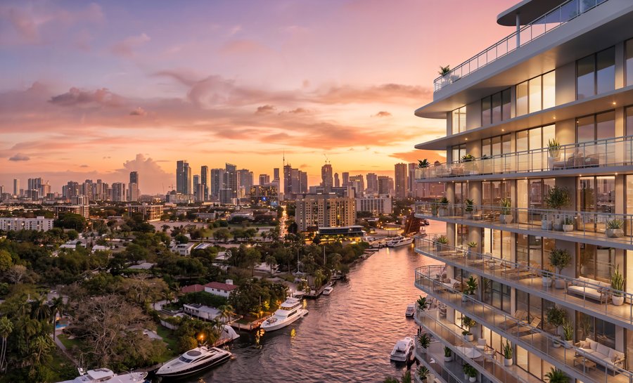 Vista al río y skyline de Miami al atardecer